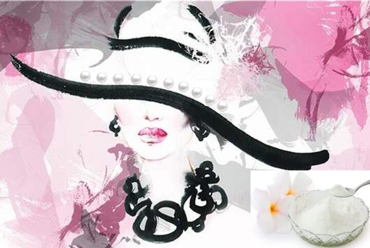 A classy abstract lady wearing a pearl brim hat and 
pearl powder in a crystal serving bowl with a spoon